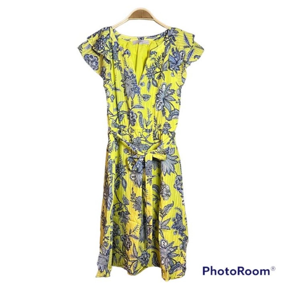 LOFT Yellow Trellis Garden Ruffle Sleeve Midi Dress Size SP